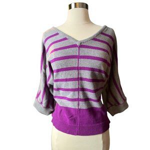 JCP  Purple and Gray V-Neck Striped 3/4 Length Sleeved Sweater - L